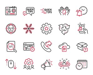 Vector Set of Technology icons related to Alarm clock, Quick tips and Secret package icons. Scroll down, Megaphone and Snowflake signs. Motherboard, Education and Web timer. Safe water. Vector