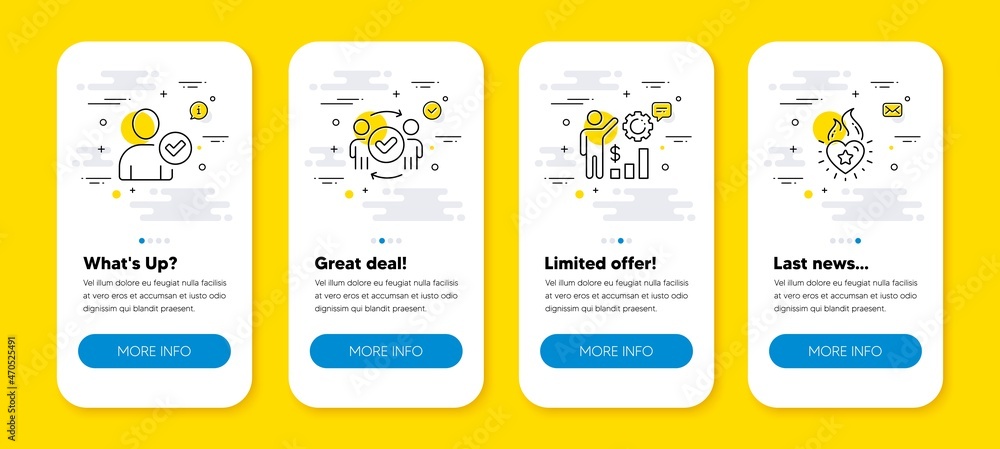 Poster vector set of approved teamwork, employees wealth and identity confirmed line icons set. ui phone ap