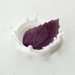 Basil leaf falls into milk, yoghurt, sour cream, Splash
