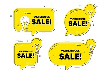 Warehouse sale text. Idea yellow chat bubbles. Special offer price sign. Advertising discounts symbol. Warehouse sale chat message banners. Idea lightbulb balloons. Vector