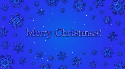 Vibrant Blue Background Merry Christmas. Snowflakes Ornament Backdrop. Sticker for Sales of Goods. Holiday Greeting Card. Happy New Year night bright window. Frosty snowing. Gradients and mesh used.