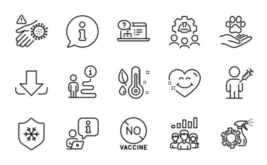 Line icons set. Included icon as Coronavirus spray, Download, Teamwork results signs. Smile face, No vaccine, Thermometer symbols. Clean skin, Online help, Pets care. Engineering team. Vector