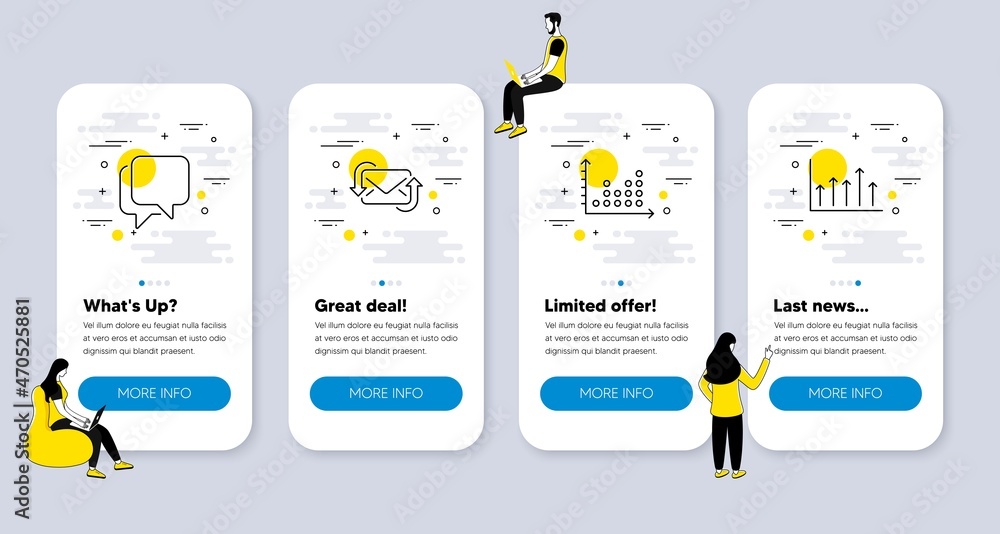 Poster vector set of education icons related to dot plot, refresh mail and talk bubble icons. ui phone app 