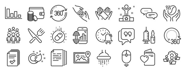 Set of Business icons, such as Handout, Capsule pill, Alarm bell icons. Medical vaccination, Paint brush, Dots message signs. Teamwork, Histogram, Coffee. Winner, Group people, Food. Vector
