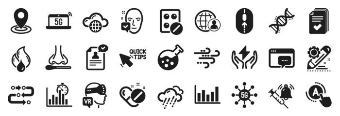 Set of Science icons, such as International recruitment, Nasal test, Augmented reality icons. Windy weather, Resume document, Flammable fuel signs. Chemistry lab, 5g notebook, Safe energy. Vector