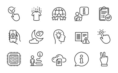 Business icons set. Included icon as Love night, Locked app, Cpu processor signs. Checkbox, File storage, Victory hand symbols. Dry t-shirt, Touchpoint, Idea head. Rating stars line icons. Vector