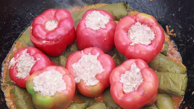 People hands are preparing food. Peppers, tomatoes, zucchini and grape leaves stuffed with minced meat.