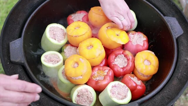 People hands are preparing food. Peppers, tomatoes, zucchini and grape leaves stuffed with minced meat.