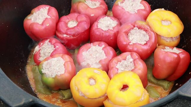 People hands are preparing food. Peppers, tomatoes, zucchini and grape leaves stuffed with minced meat.