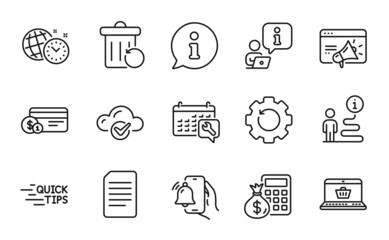 Technology icons set. Included icon as Cloud computing, Education, Online shopping signs. Alarm clock, Finance calculator, Payment method symbols. Spanner, Document, Time management. Vector