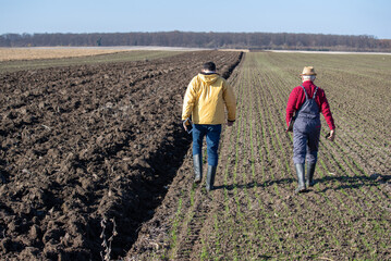 Farmers walking in field in autumn