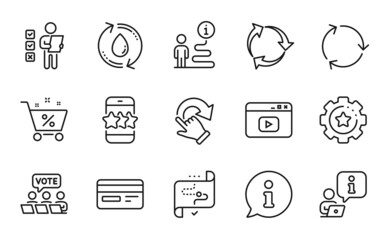 Technology icons set. Included icon as Recycle, Refill water, Recycling signs. Rotation gesture, Credit card, Online voting symbols. Target path, Star, Video content. Settings gear. Vector