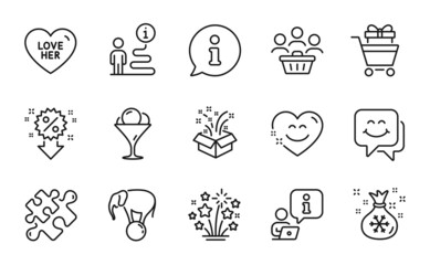 Holidays icons set. Included icon as Fireworks stars, Buyers, Gift signs. Puzzle, Smile chat, Discount symbols. Smile face, Shopping trolley, Santa sack. Love her, Ice cream line icons. Vector