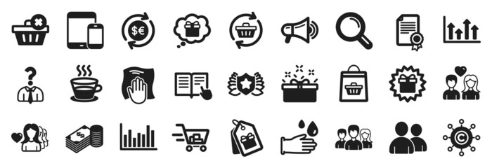 Set of simple icons, such as Mobile devices, Shopping cart, Bar diagram icons. Teamwork, Present box, Money currency signs. Washing cloth, Read instruction, Users. Surprise gift, Megaphone. Vector