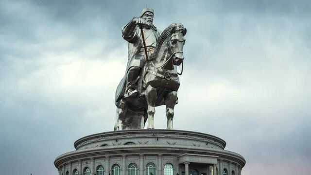 Zoom in time lapse view of the iconic Equestrian Statue of Genghis Khan near Ulan Bator, Mongolia. 