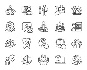 Vector set of Dental insurance, Teamwork and Like line icons set. Buyer, Video conference and Loan percent icons. Question button, Winner cup and Salary employees signs. Vector