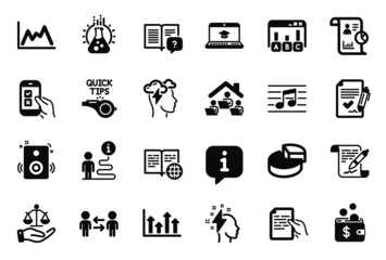 Vector Set of Education icons related to Musical note, Instruction manual and Upper arrows icons. Approved agreement, Agreement document and Pie chart signs. Hold document, Speakers. Vector