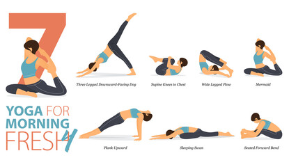 7 Yoga poses or asana posture for workout in morning fresh concept. Women exercising for body stretching. Fitness infographic. Flat cartoon vector