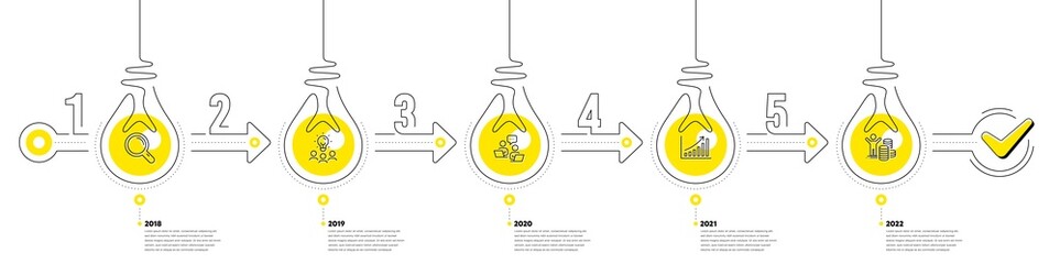Lightbulb journey path infographics. Business Infographic timeline with 5 steps. Workflow process diagram with Research, Working idea, Teamwork and Money reward line icons. Vector