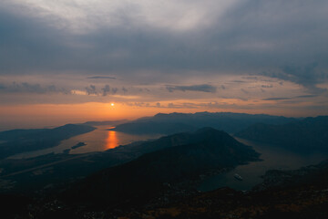 View from Mount Lovcen to the sunset over the bay. Montenegro
