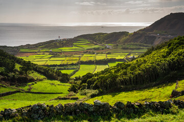Typowy zielony krajobraz wyspy Teiceira, Portugalski archipelag Azory. W tle widać latarnie morską Ponta das Contendas i koźlą wyspę. - obrazy, fototapety, plakaty
