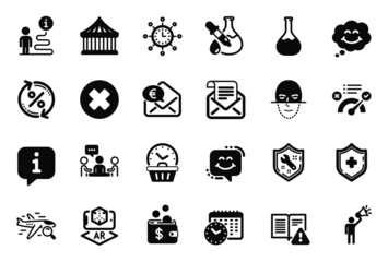 Vector Set of Technology icons related to Correct answer, Smile and Brand ambassador icons. Euro money, Chemistry lab and Loan percent signs. Calendar time, Last minute and Medical shield. Vector