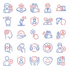 People icons set. Included icon as Job interview, Vip table, Wash hands signs. Capsule pill, Engineering, Touchscreen gesture symbols. Add user, Remove account, Dont touch. Security. Vector