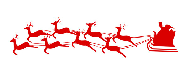 Santa Claus volando en el trineo con renos de navidad. Silueta de Papa Noel, trineo con regalos de navidad y renos. Feliz Navidad. Ilustración vectorial © Frank