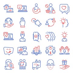 Fototapeta premium People icons set. Included icon as Stop shopping, Three fingers, Face recognition signs. User communication, Survey, Friends couple symbols. Presentation board, Work home, Smile. Heart. Vector
