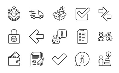 Fototapeta premium Line icons set. Included icon as Copywriting, Truck delivery, Tick signs. Left arrow, Synchronize, Heartbeat timer symbols. Wallet, Password encryption, Checkbox. Sallary, Megaphone box. Vector