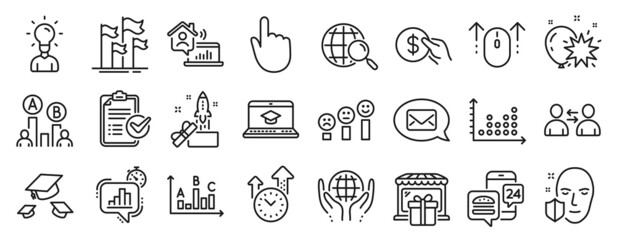 Set of Business icons, such as Throw hats, Dot plot, Innovation icons. Ab testing, Survey checklist, Balloon dart signs. Work home, Customer satisfaction, Web search. Hand click, Swipe up. Vector