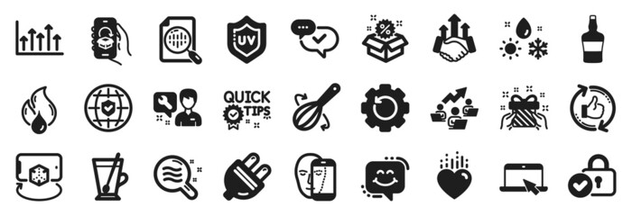 Set of Business icons, such as Weather, Deal, Face biometrics icons. Verified locker, Delivery app, Scotch bottle signs. Tea mug, Repairman, Sale. Uv protection, Growth chart, Gift. Heart. Vector