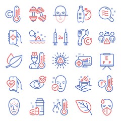 Healthcare icons set. Included icon as Health app, Sick man, Skin moisture signs. Fahrenheit thermometer, Face biometrics, Coronavirus symbols. Fitness water, Vision board, Skin care. Leaf. Vector