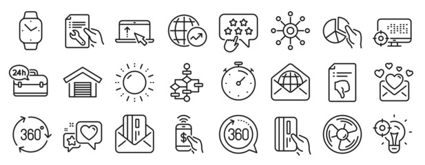 Set of Technology icons, such as Phone payment, Smartwatch, Air fan icons. Seo, 360 degree, Payment card signs. Credit card, Love mail, Heart. Sun energy, Thumb down, Timer. Seo idea. Vector