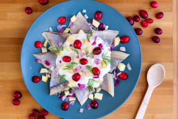 Herring salad with onion, apple, cranberry, and cream sauce. Polish Christmas Eve dish