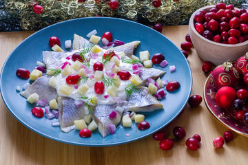 Herring salad with onion, apple, cranberry, and cream sauce. Polish Christmas Eve dish