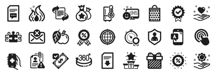 Set of Business icons, such as Click, Security, Reject mail icons. Fire energy, 360 degrees, Comments signs. Best result, Download file, Puzzle. Smile, Discount, Employee hand. Marketing. Vector