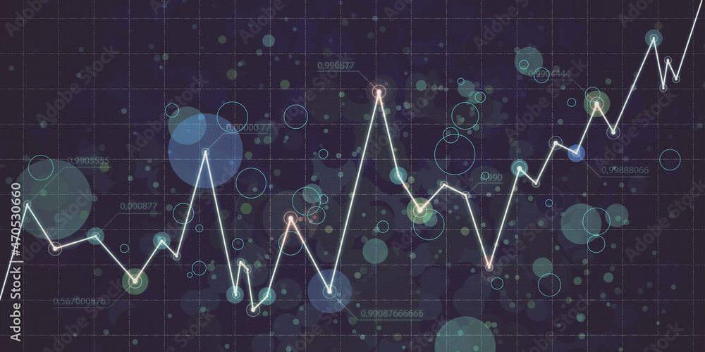 Poster Abstract glowing business chart on blurry grid background. Digital economy and big data concept. 3D Rendering.