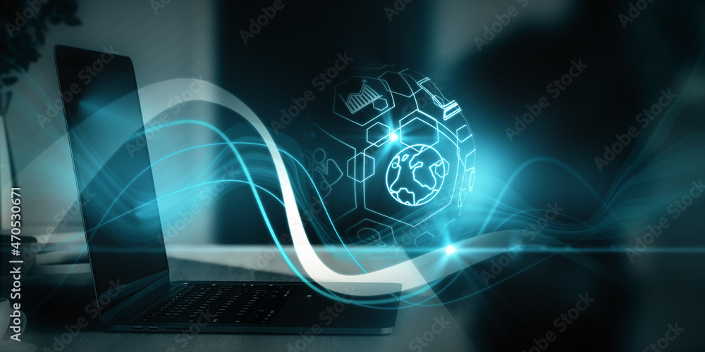 Aufkleber close up of workplace with notebook computer and creative blue spherical business interface on blurr