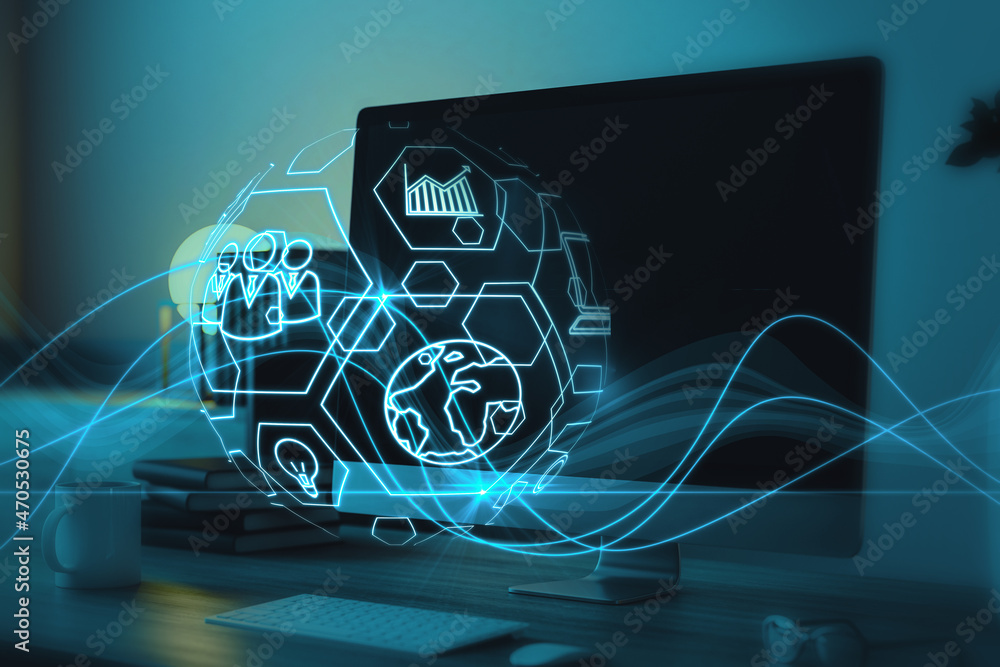Poster close up of workplace with computer monitor and creative blue spherical business interface on blurry
