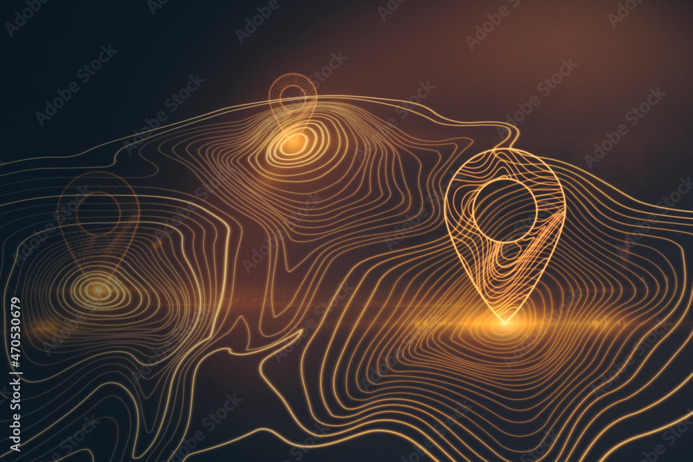 Poster Abstract glowing map geoposition with marker on dark background. Travel and direction concept. 3D Rendering.