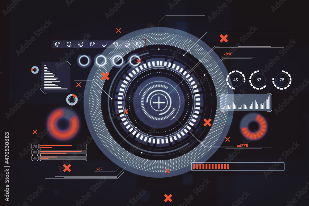 Poster Abstract round interface with red cross. Hud, future, safety and cyber attack concept. 3D Rendering.
