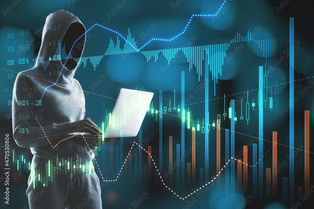 Aufkleber Hacker using laptop computer with creative glowing forex graph on blurry bokeh background. Market analysis and trade concept.