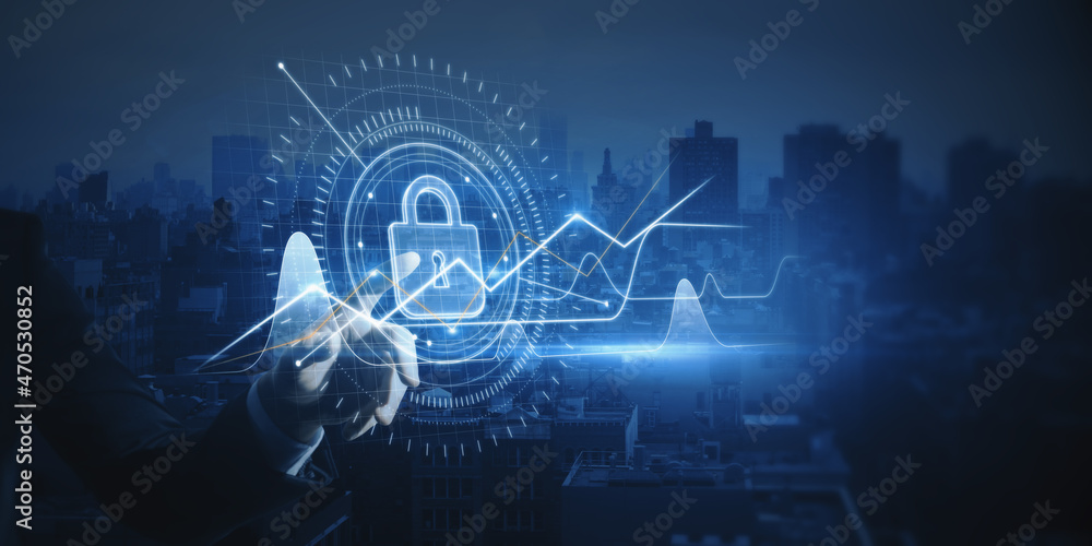 Poster Close up of businessman hand pointing at abstract glowing padlock interface with upward chart on blurry night city background. Web security and analytics concept. Double exposure.