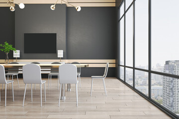 Modern dark office interior with furniture, blackboard with mock up place, window with city view and decoratrive items. Workplace and communication concept. 3D Rendering.