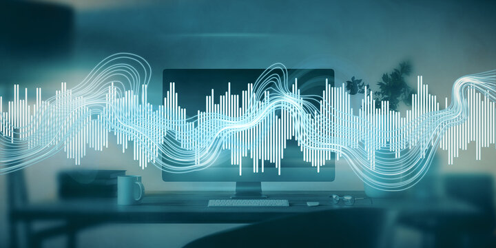 Close up of workplace with computers and digital sound wave on blurry backdrop. Technology, music, frequency and energy concept. 3D Rendering.