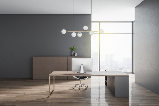 Bright concrete office interior with wooden flooring, panoramic bright city view, desk with computer and other pieces of furniture. 3D Rendering.