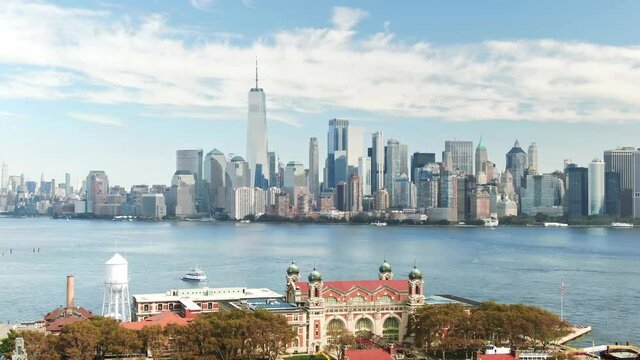 Ellis Island. Aerial Manhattan view downtown New York city. Drone NYC. Famous travel destination in America. Tourist landmark in USA. 