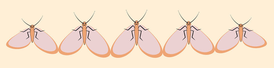 Illustration on a sheet of 4x1 format - ribbon, banner - stylized butterflies, moths - graphics. Fligh