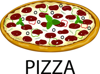 Pizza with cheese, basil, salami, olives and peppers. Traditional Italian fast food. Pizza on a white background. Vector